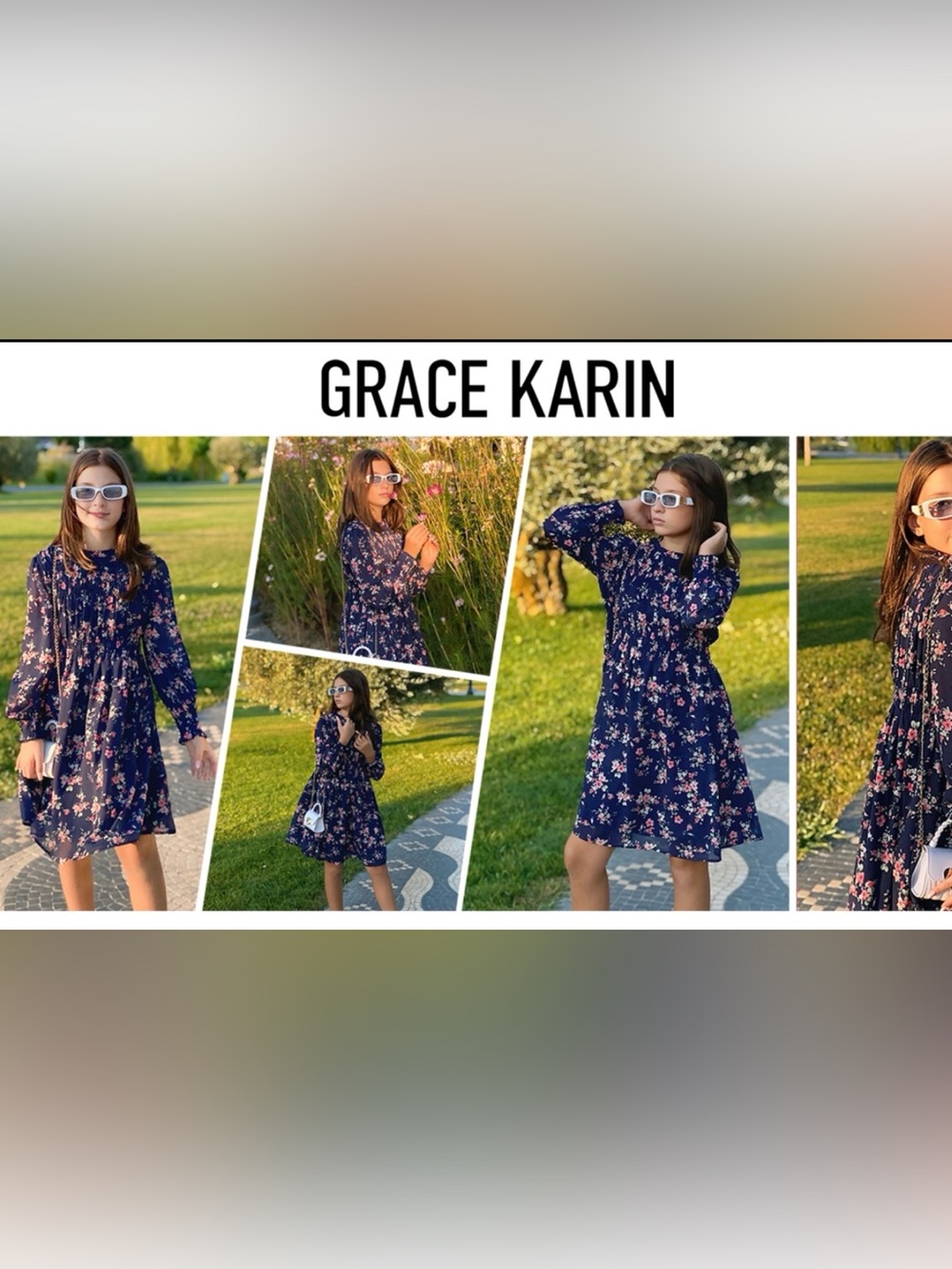 GRACE KARIN Navy Blue Floral Smocked Waist Dress - Size 14Y